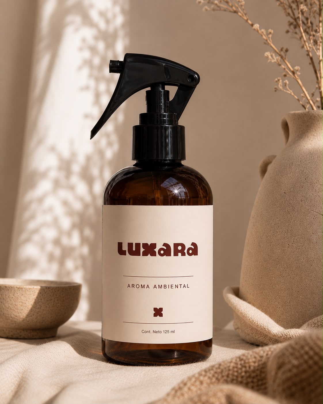 Room spray Luxara en un ambiente de texturas naturales